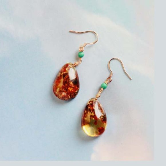 Sterling Silver Natural Baltic Amber Natural Turquoise Stone Earrings for Her - Picture 2 of 7